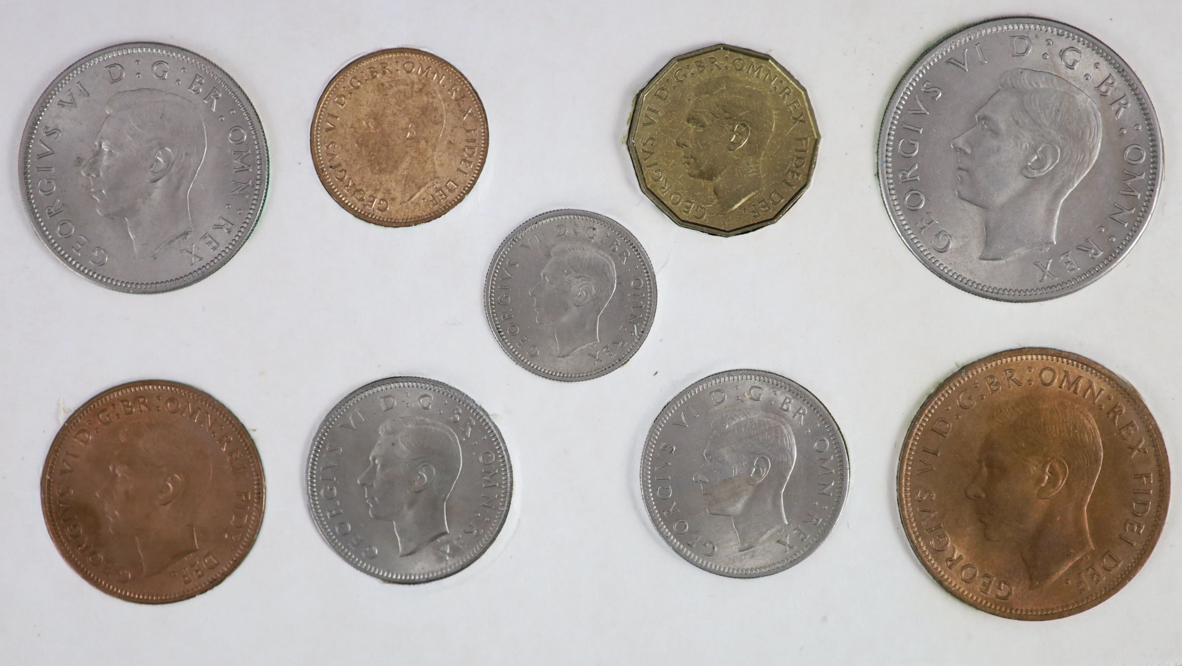 George VI specimen coin sets for 1950 and 1951, second issue, including 1950 threepence, aUNC, 1951 threepence and penny, both EF